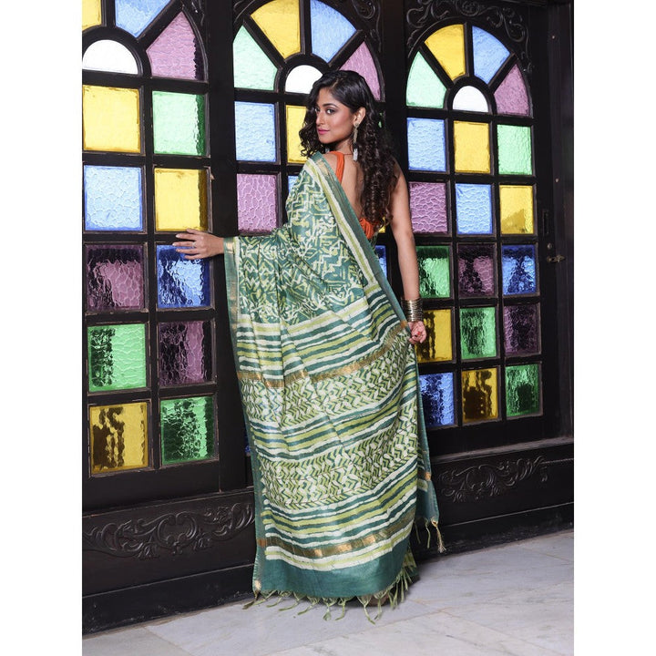 CHARUKRITI Printed Borders Green Silk Soft Saree with Unstitched Blouse