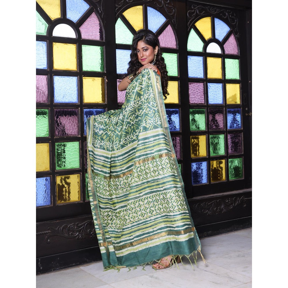 CHARUKRITI Printed Borders Green Silk Soft Saree with Unstitched Blouse