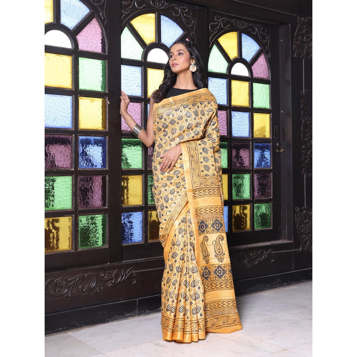 CHARUKRITI Printed Borders Yellow Silk Soft Saree with Unstitched Blouse