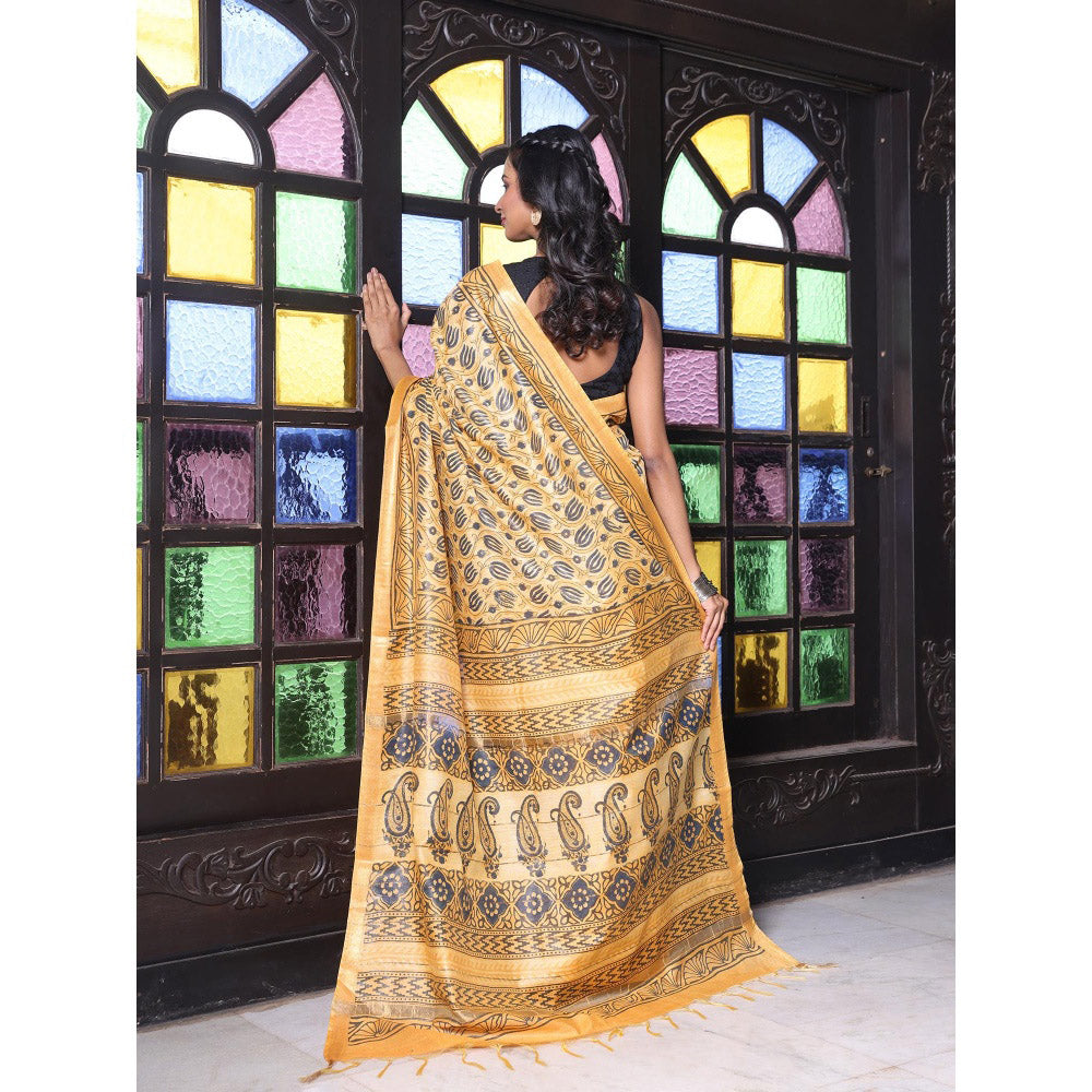 CHARUKRITI Printed Borders Yellow Silk Soft Saree with Unstitched Blouse