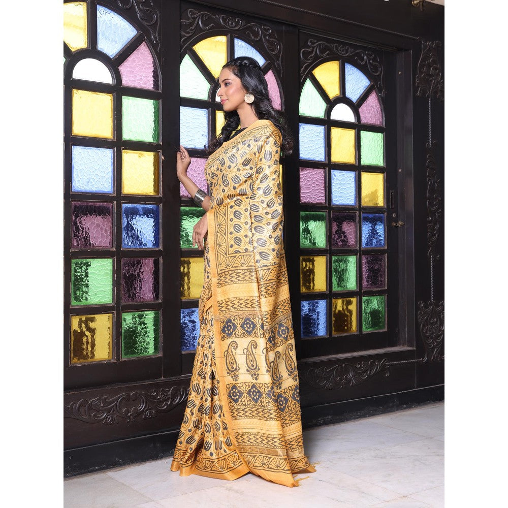 CHARUKRITI Printed Borders Yellow Silk Soft Saree with Unstitched Blouse