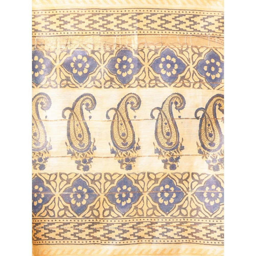 CHARUKRITI Printed Borders Yellow Silk Soft Saree with Unstitched Blouse