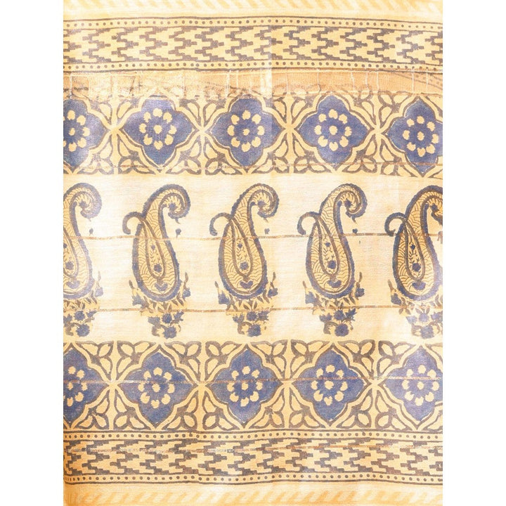 CHARUKRITI Printed Borders Yellow Silk Soft Saree with Unstitched Blouse