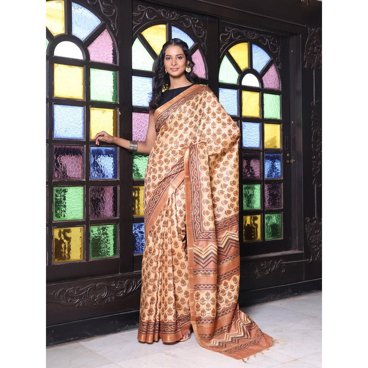 CHARUKRITI Printed Borders Beige Silk Soft Saree with Unstitched Blouse