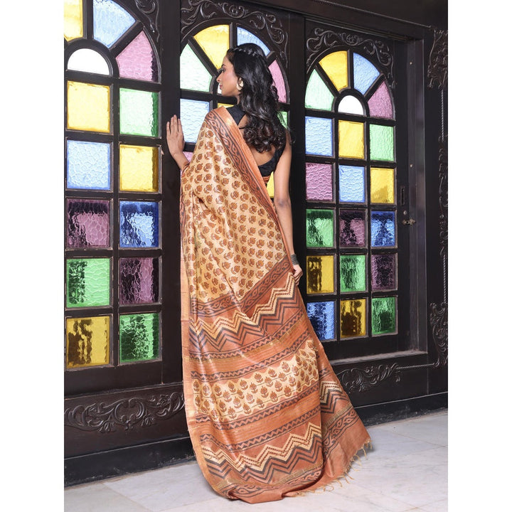 CHARUKRITI Printed Borders Beige Silk Soft Saree with Unstitched Blouse