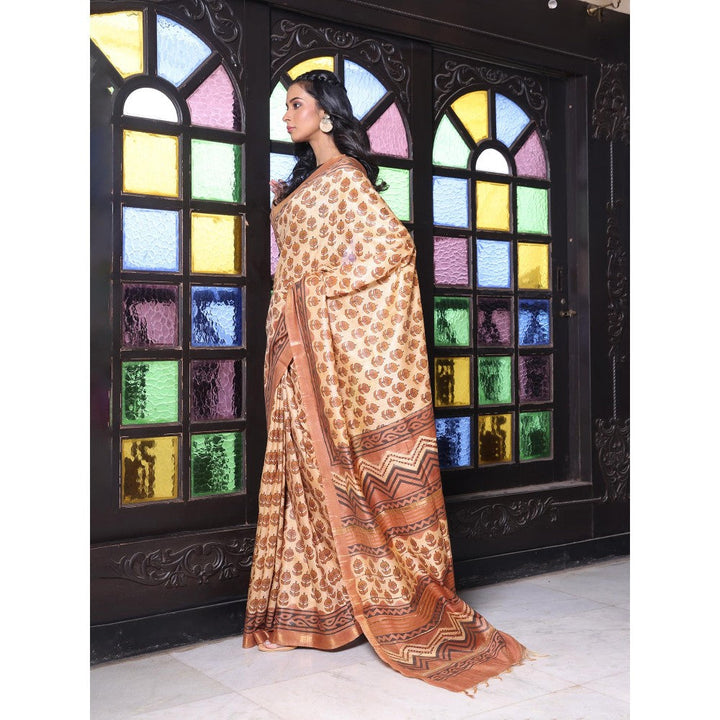 CHARUKRITI Printed Borders Beige Silk Soft Saree with Unstitched Blouse