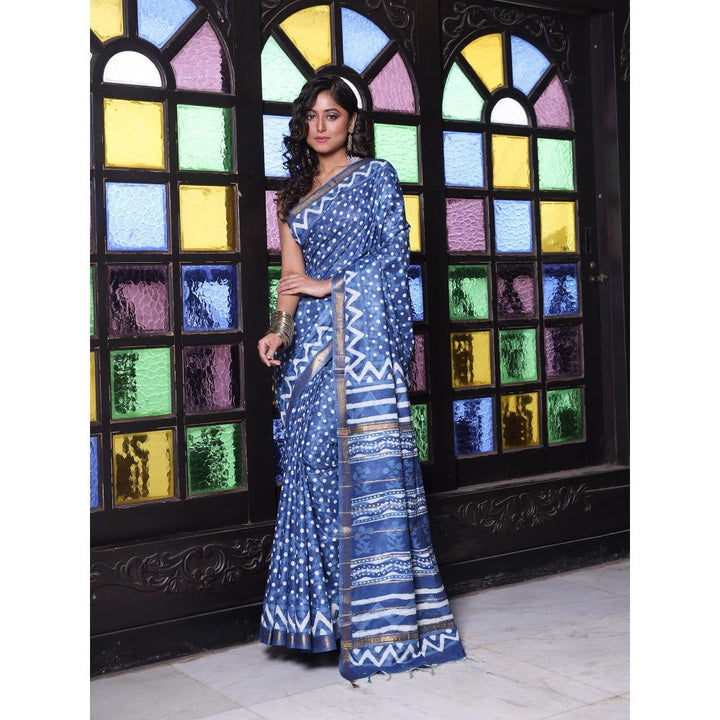 CHARUKRITI Zari Border Navy Blue Silk Soft Saree with Unstitched Blouse