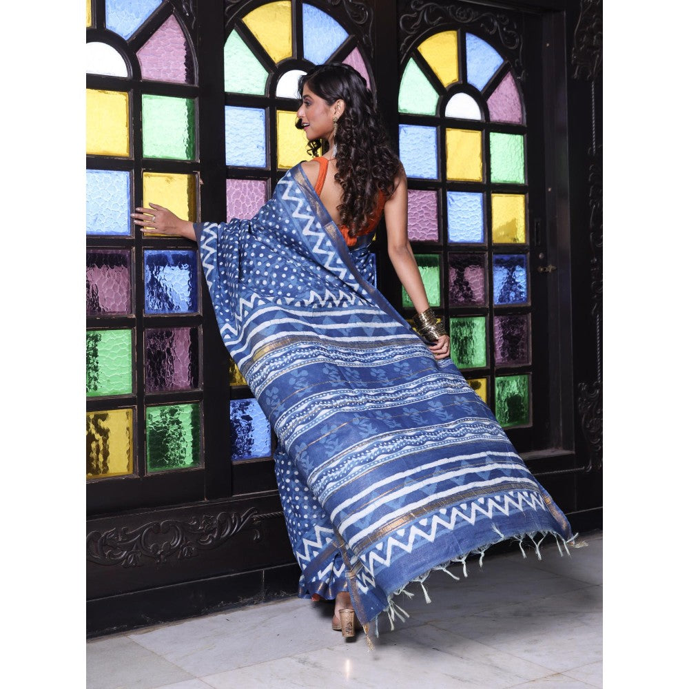 CHARUKRITI Zari Border Navy Blue Silk Soft Saree with Unstitched Blouse