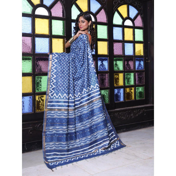 CHARUKRITI Zari Border Navy Blue Silk Soft Saree with Unstitched Blouse