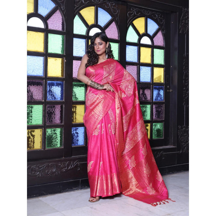 CHARUKRITI Zari Border Fuchsia Silk Soft Saree with Unstitched Blouse