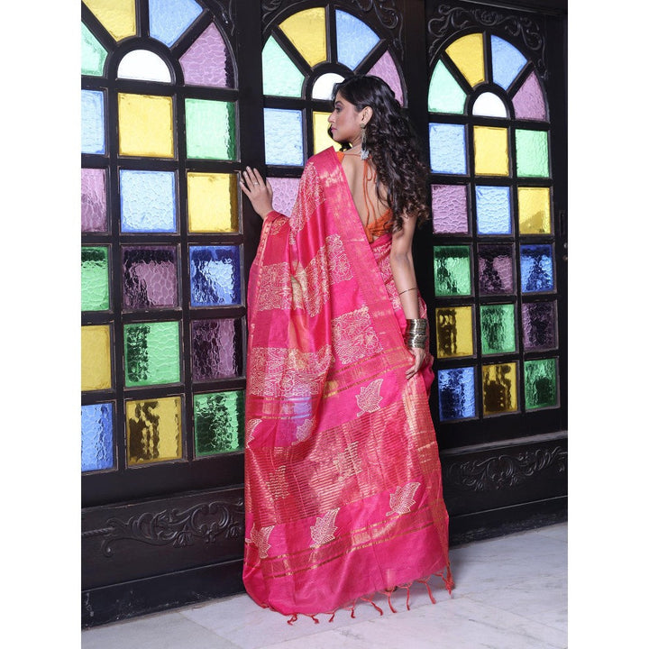 CHARUKRITI Zari Border Fuchsia Silk Soft Saree with Unstitched Blouse