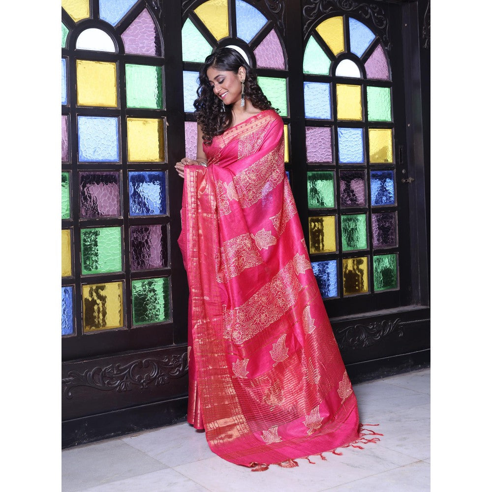 CHARUKRITI Zari Border Fuchsia Silk Soft Saree with Unstitched Blouse