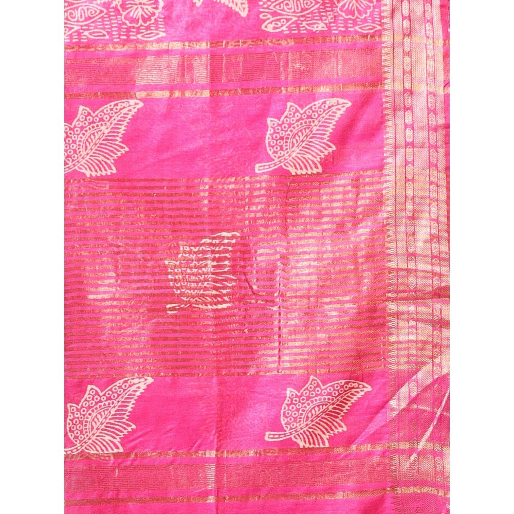 CHARUKRITI Zari Border Fuchsia Silk Soft Saree with Unstitched Blouse