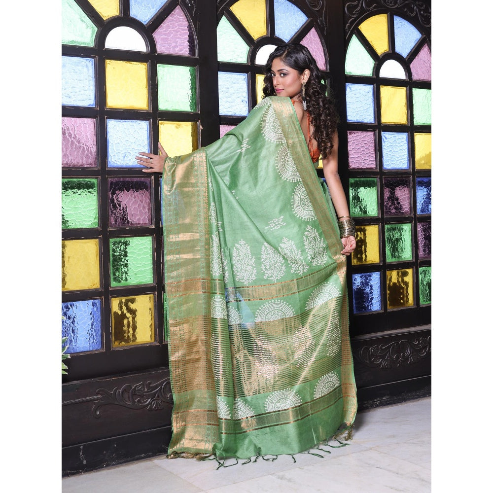 CHARUKRITI Zari Border Green Silk Soft Saree with Unstitched Blouse