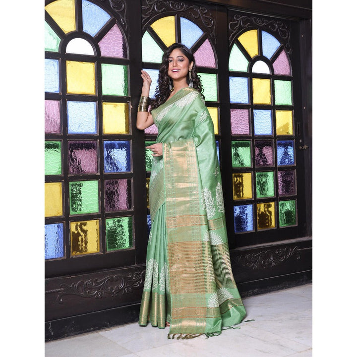 CHARUKRITI Zari Border Green Silk Soft Saree with Unstitched Blouse