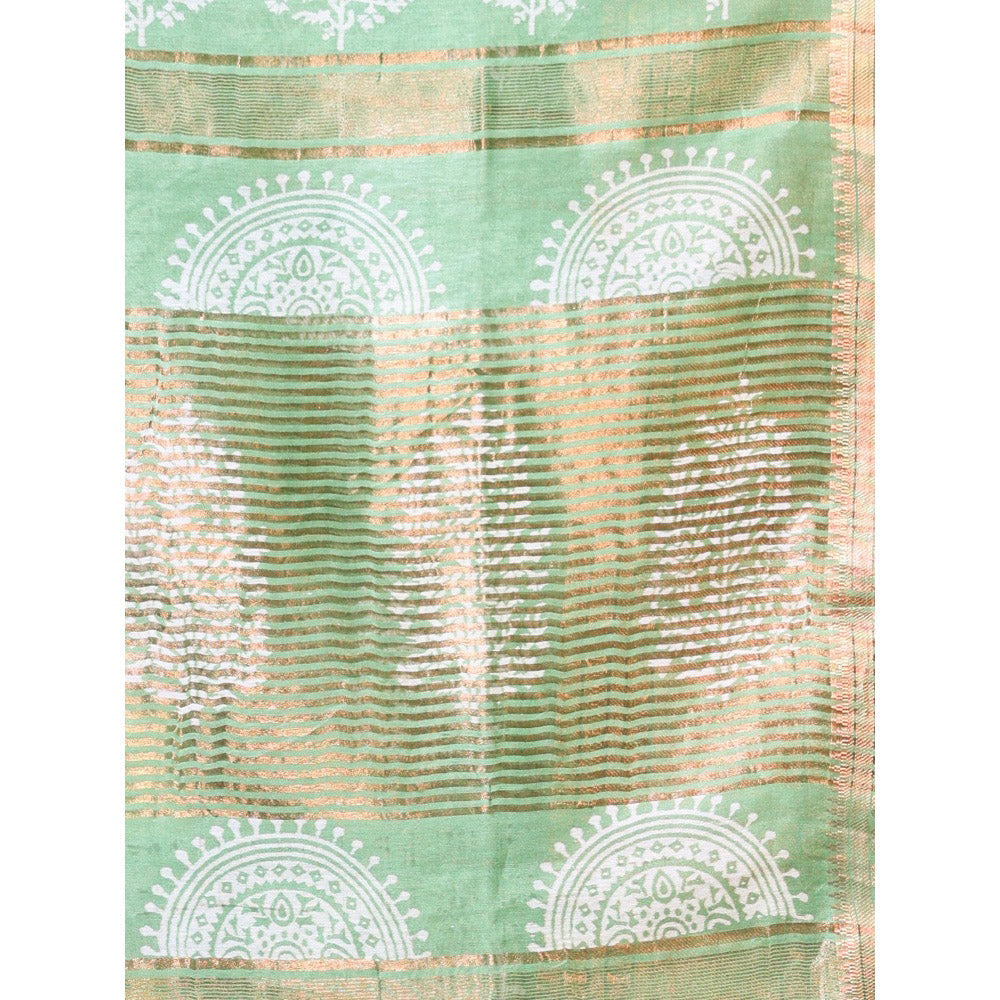 CHARUKRITI Zari Border Green Silk Soft Saree with Unstitched Blouse