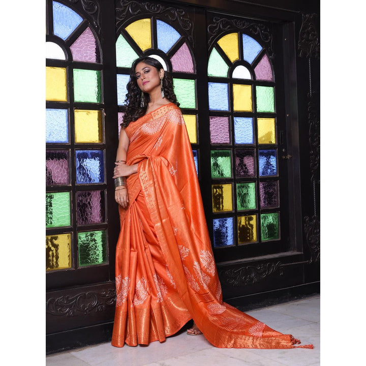 CHARUKRITI Zari Border Orange Silk Soft Saree with Unstitched Blouse