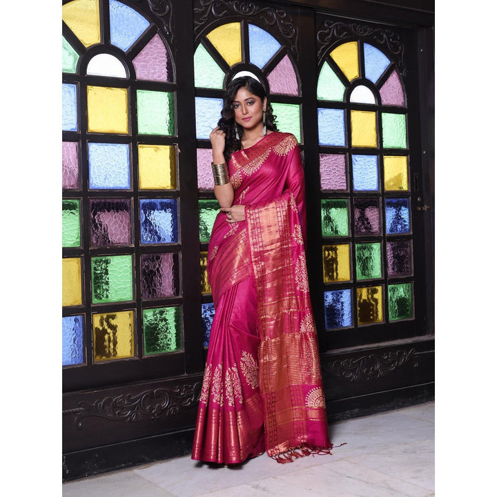 CHARUKRITI Zari Border Purple Silk Soft Saree with Unstitched Blouse