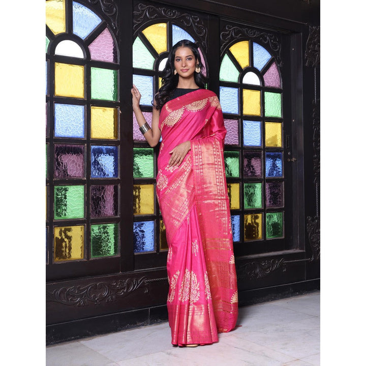 CHARUKRITI Zari Border Pink Silk Soft Saree with Unstitched Blouse