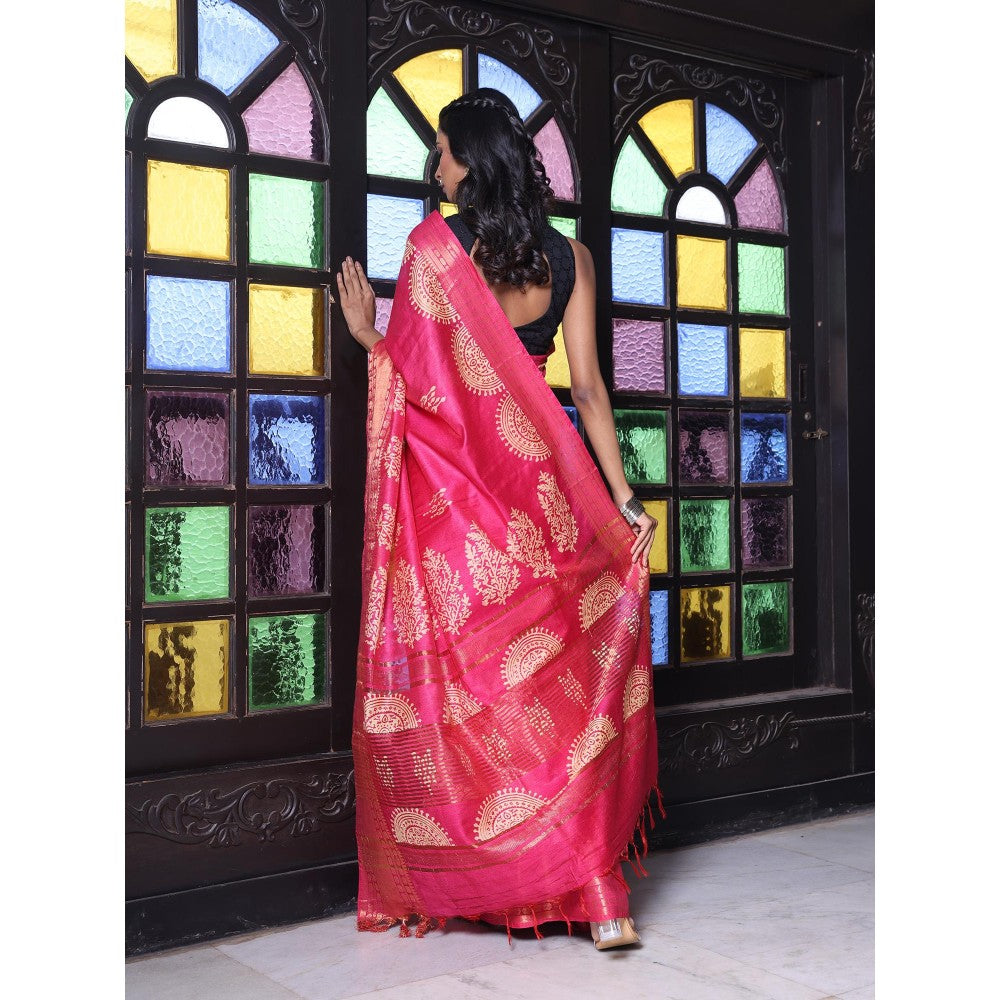 CHARUKRITI Zari Border Pink Silk Soft Saree with Unstitched Blouse