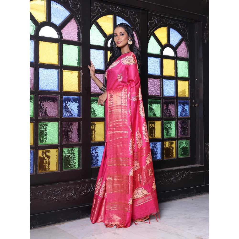 CHARUKRITI Zari Border Pink Silk Soft Saree with Unstitched Blouse