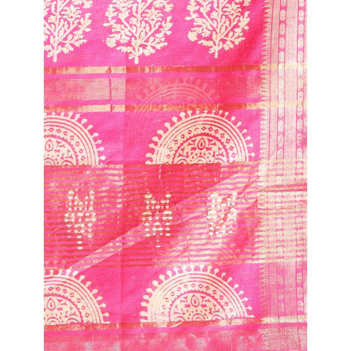 CHARUKRITI Zari Border Pink Silk Soft Saree with Unstitched Blouse