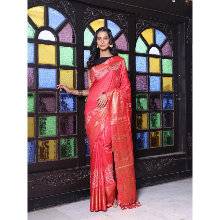 CHARUKRITI Zari Border Red Silk Soft Saree with Unstitched Blouse