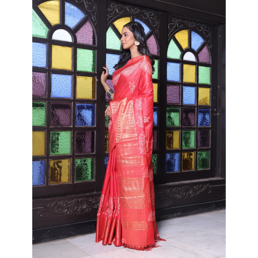 CHARUKRITI Zari Border Red Silk Soft Saree with Unstitched Blouse