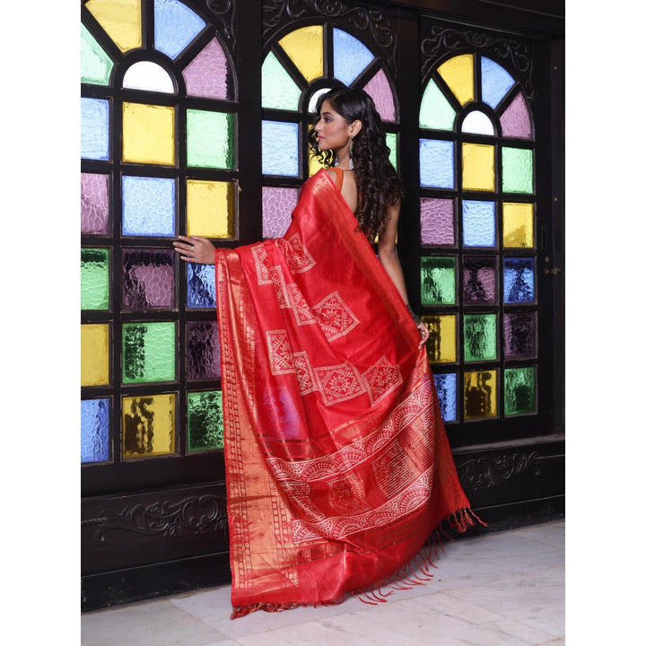 CHARUKRITI Zari Border Red Silk Soft Saree with Unstitched Blouse