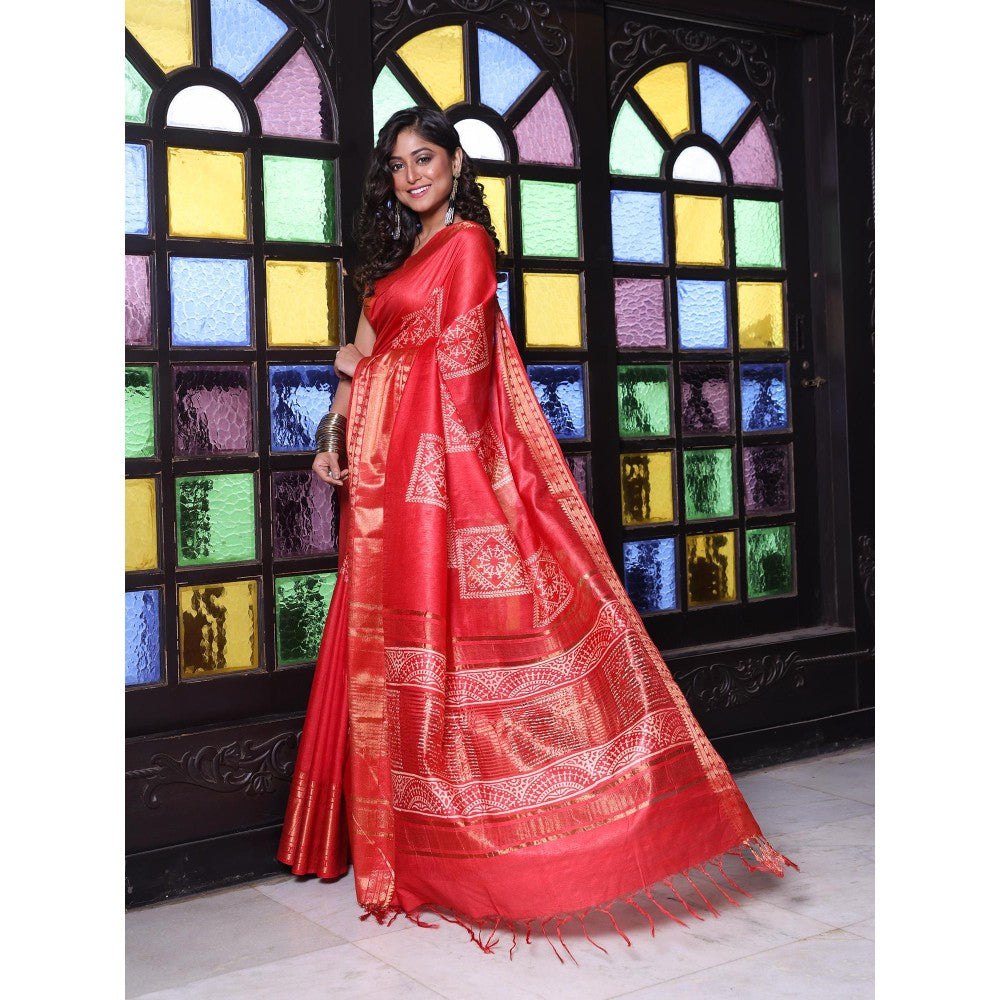 CHARUKRITI Zari Border Red Silk Soft Saree with Unstitched Blouse