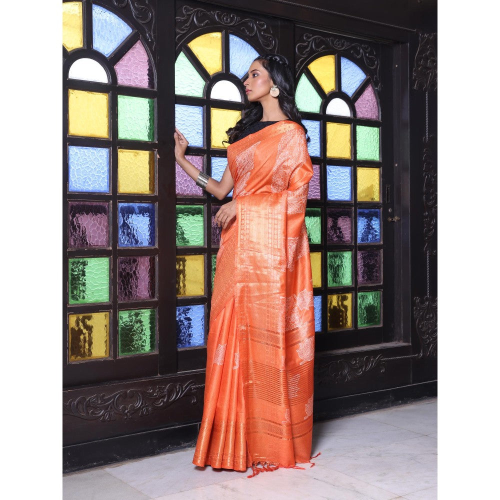 CHARUKRITI Zari Border Orange Silk Soft Saree with Unstitched Blouse