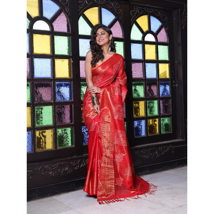 CHARUKRITI Zari Border Red Silk Soft Saree with Unstitched Blouse