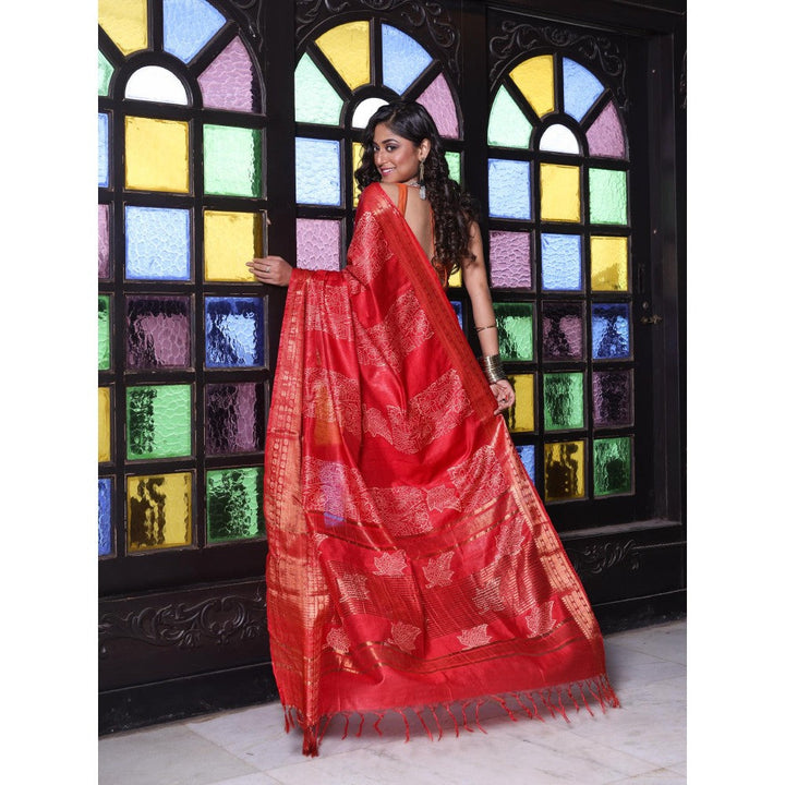 CHARUKRITI Zari Border Red Silk Soft Saree with Unstitched Blouse