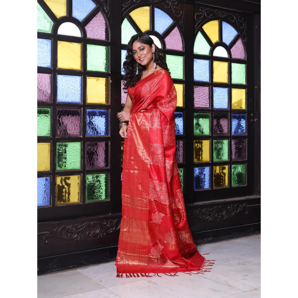 CHARUKRITI Zari Border Red Silk Soft Saree with Unstitched Blouse