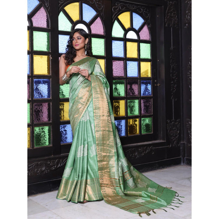 CHARUKRITI Zari Border Sap Green Silk Soft Saree with Unstitched Blouse