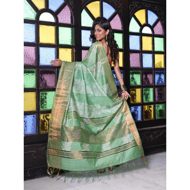 CHARUKRITI Zari Border Sap Green Silk Soft Saree with Unstitched Blouse