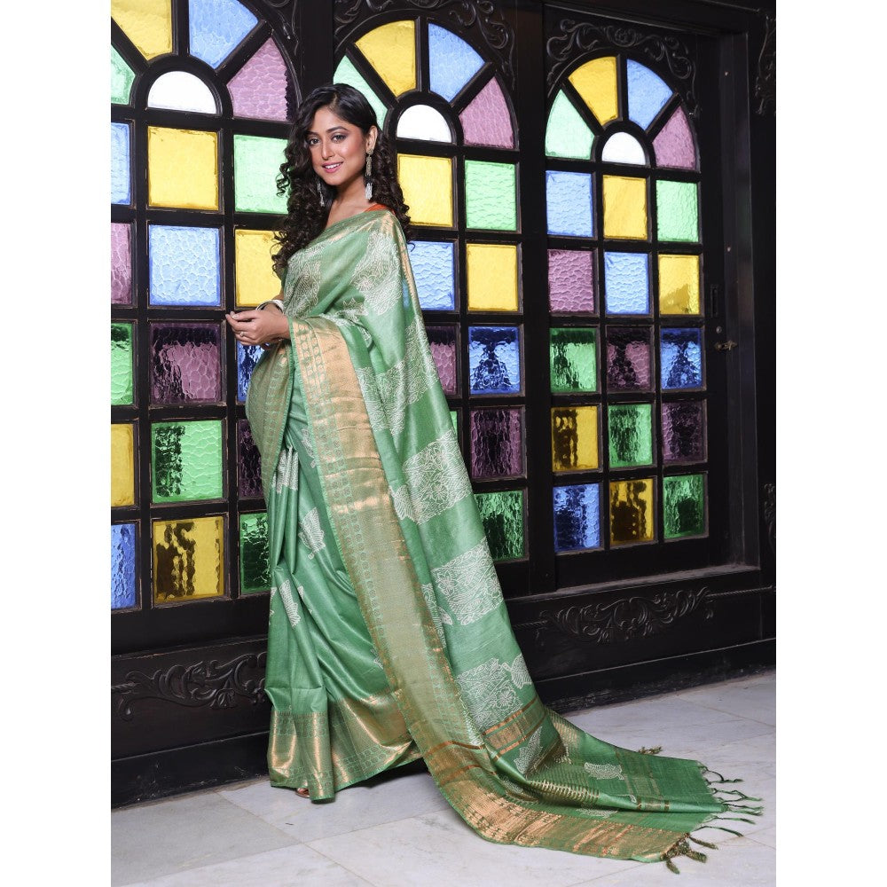 CHARUKRITI Zari Border Sap Green Silk Soft Saree with Unstitched Blouse