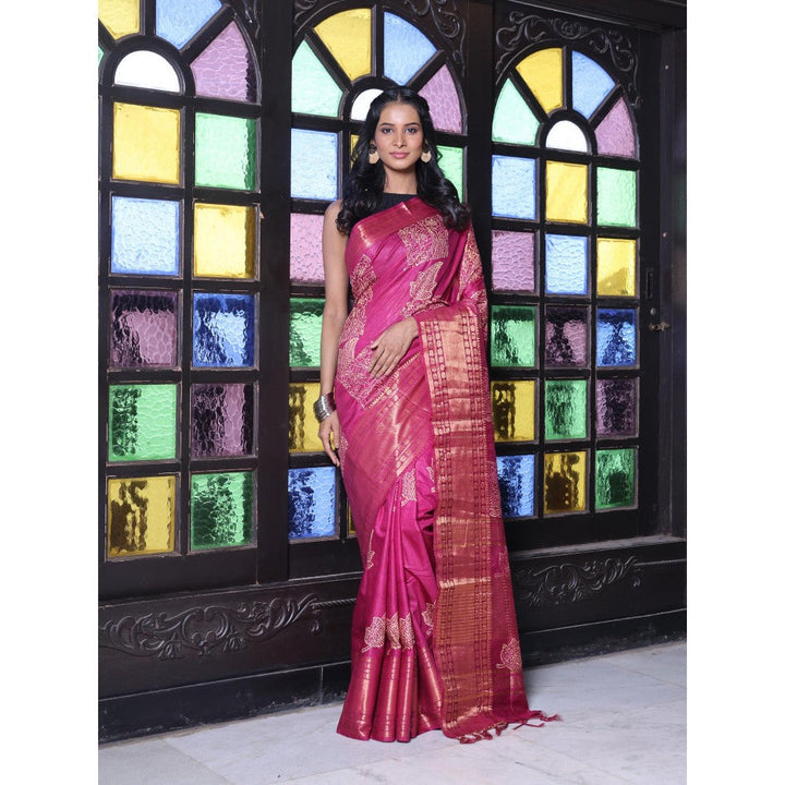 CHARUKRITI Zari Border Purple Silk Soft Saree with Unstitched Blouse