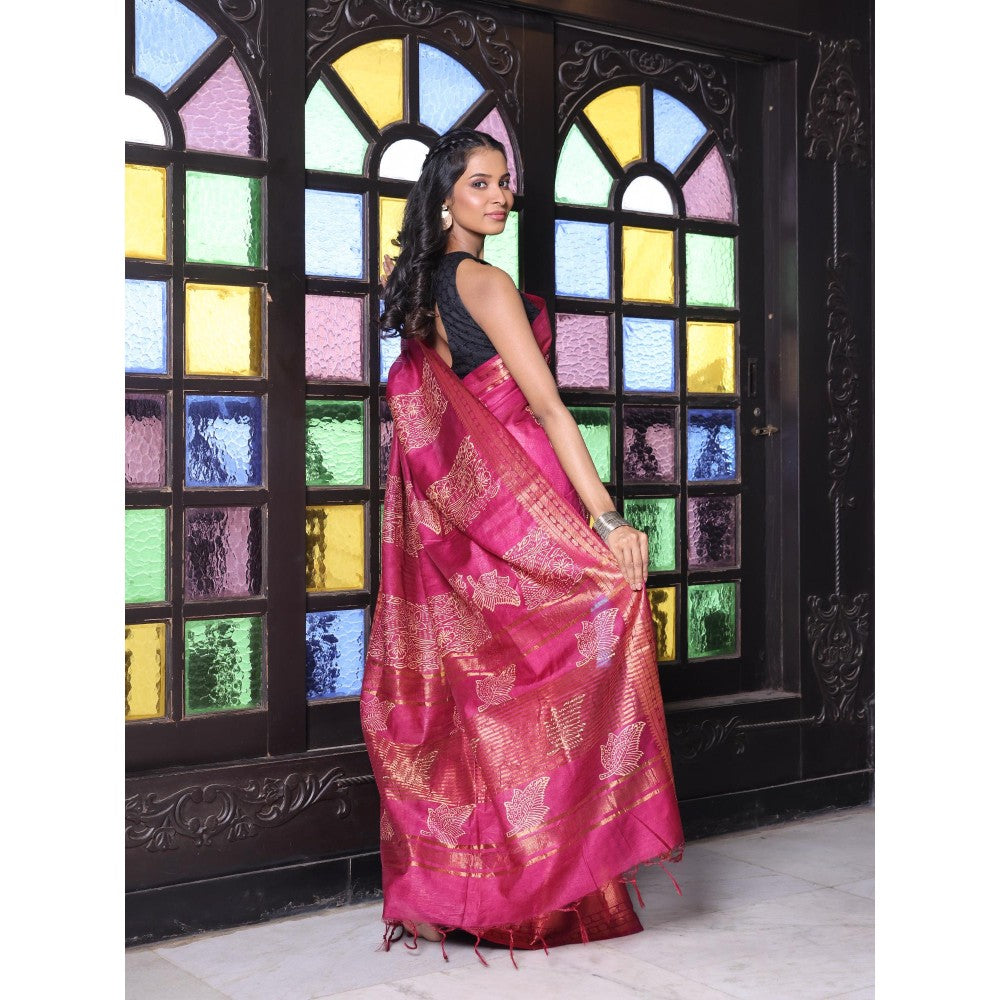 CHARUKRITI Zari Border Purple Silk Soft Saree with Unstitched Blouse