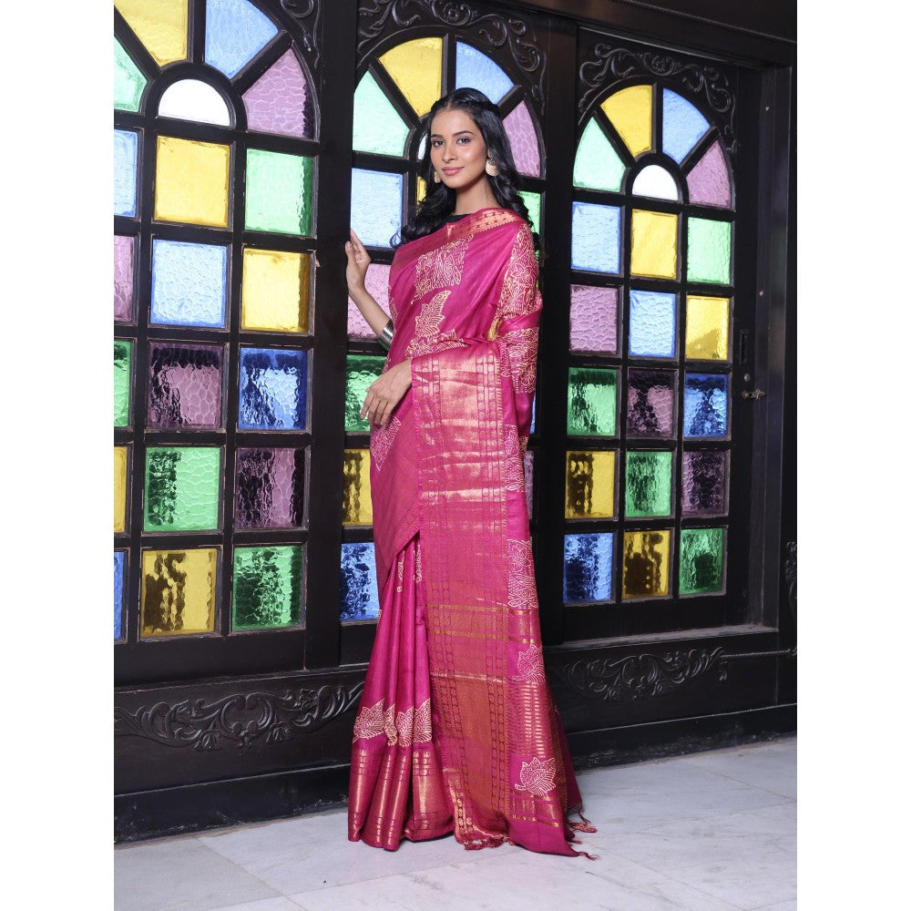 CHARUKRITI Zari Border Purple Silk Soft Saree with Unstitched Blouse