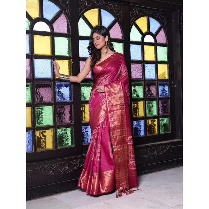 CHARUKRITI Zari Border Purple Silk Soft Saree with Unstitched Blouse