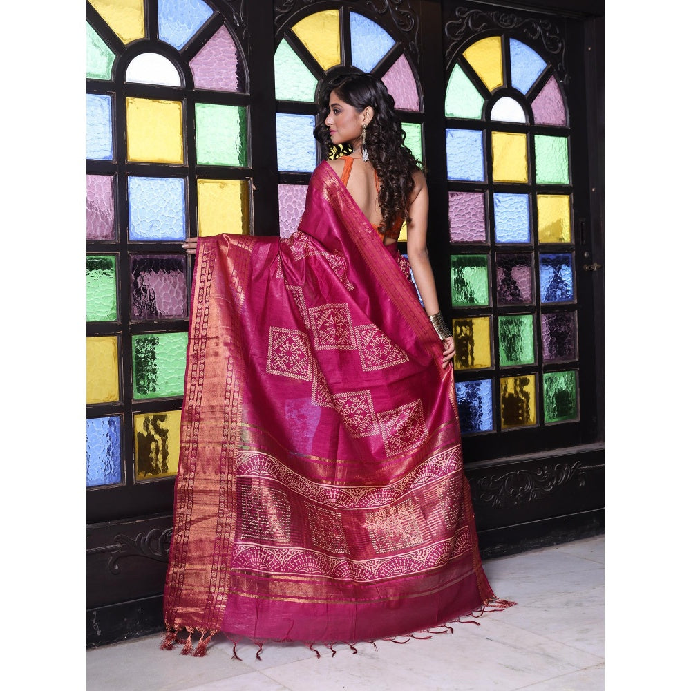 CHARUKRITI Zari Border Purple Silk Soft Saree with Unstitched Blouse