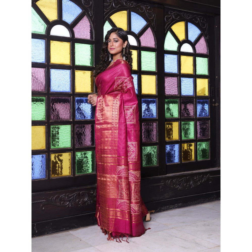 CHARUKRITI Zari Border Purple Silk Soft Saree with Unstitched Blouse