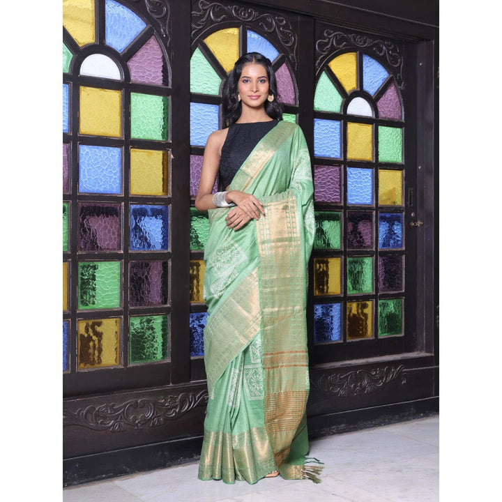 CHARUKRITI Zari Border Sap Green Silk Soft Saree with Unstitched Blouse