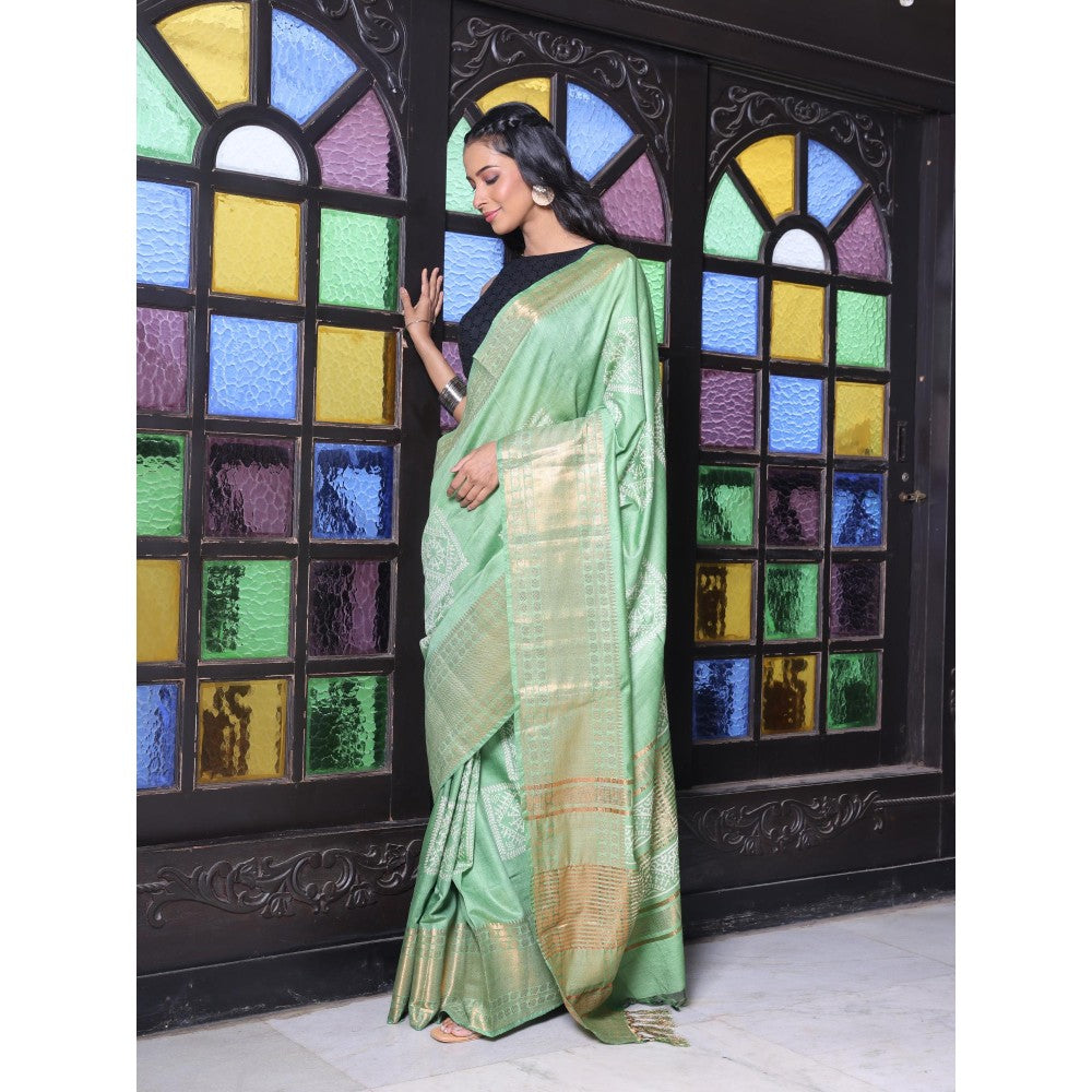 CHARUKRITI Zari Border Sap Green Silk Soft Saree with Unstitched Blouse