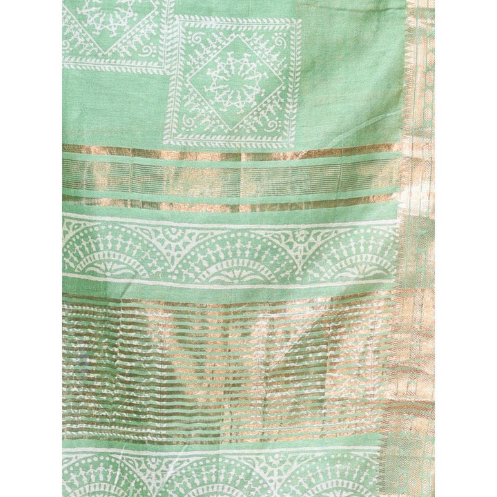 CHARUKRITI Zari Border Sap Green Silk Soft Saree with Unstitched Blouse