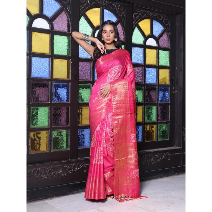 CHARUKRITI Zari Border Pink Silk Soft Saree with Unstitched Blouse