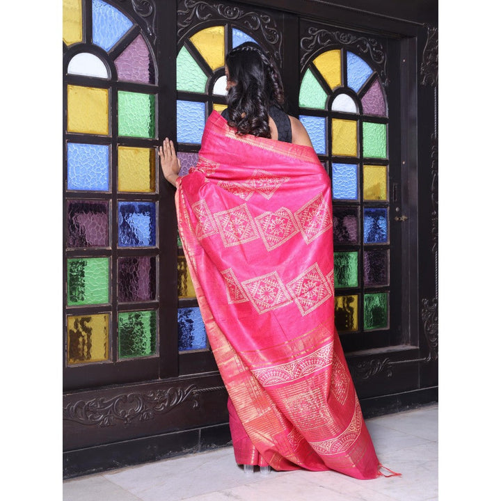 CHARUKRITI Zari Border Pink Silk Soft Saree with Unstitched Blouse