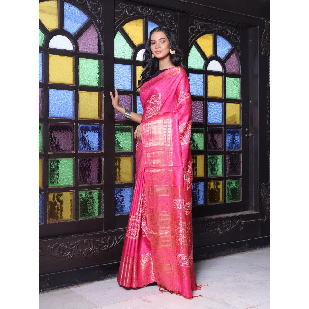 CHARUKRITI Zari Border Pink Silk Soft Saree with Unstitched Blouse