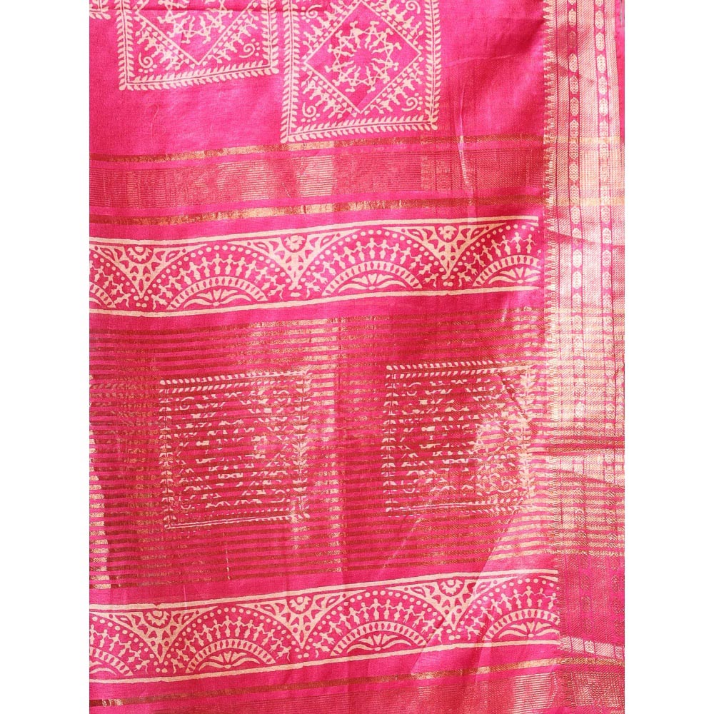 CHARUKRITI Zari Border Pink Silk Soft Saree with Unstitched Blouse